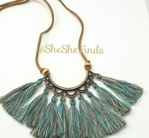Boho Chic Teal and Tan Fringe Necklace